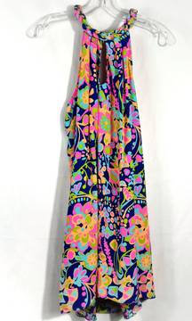 Colorful High Halter Neck Swirl A-Line Swing Dress Small S Preppy