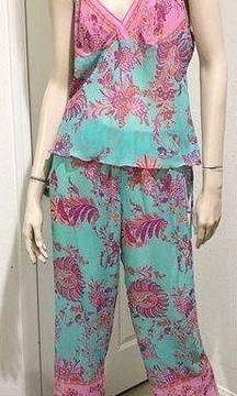 JOSIE Natori B92612 Pink/Blue Floral Paisley Sheer Cami 2-pc Pajama Set Size L