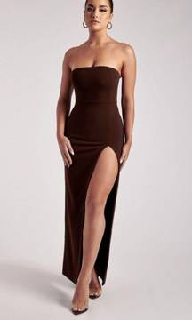 Strapless Chocolate Maxi Dress With Leg Slit