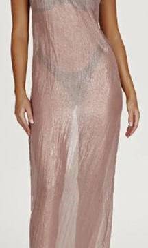 NWT Meshki Phoebe Sleeveless Slit Sheer Iridescent Maxi Dress Taupe Women's XS