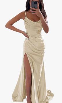 Satin Prom Dresses Long with Slit Cowl Neck Pleated A-Line Formal Gown Bridesmaid Dresses for Women