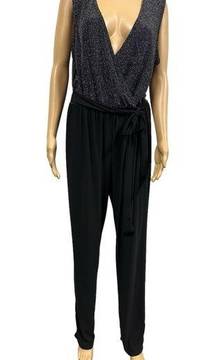 Forever Rose Couture Black and Metallic Silver Sleeveless Belted Jumpsuit Sz 1X