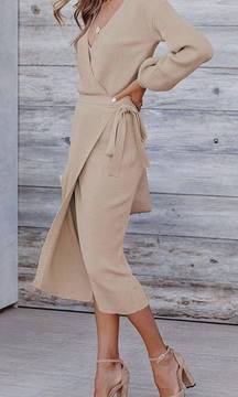 Tan Ribbed Knit Wrap Dress