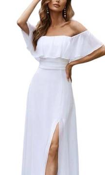 White Ruffle Chiffon Off the shoulder Split Maxi Dress