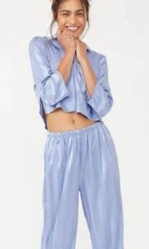 Free People Pajamas Party Sleep Hazy Blue Stripe Satin Pajamas TOP ONLY