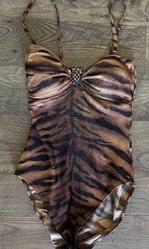 Gottex Tiger Stripe Tan Black Animal Print One Piece Swimsuit Women's Size 8