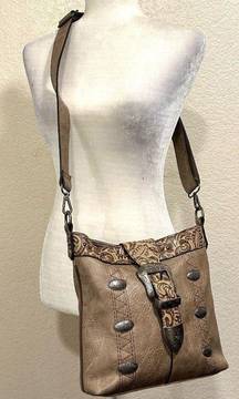 Leather Buckle Taupe Western Crossbody Bag