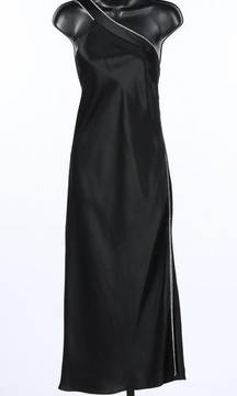 NWT Michelle Mason Black Satin Asymmetrical Cross Body Strap Midi Dress