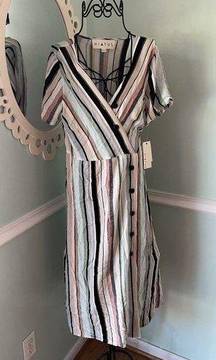 HIATUS striped short sleeve faux wrap secretary Y2K midi dress NWT s Small