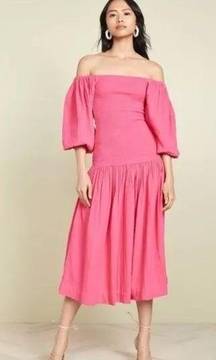 RHODE Harper Smocked Off Shoulder Puff Sleeve Hot Pink Midi Dress Gauze Cotton