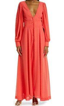 Kimberly Goldson Lesli Clip Dot Long Sleeve Maxi Dress Women's Small Coral NWT