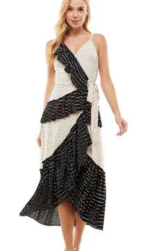 | NWOT | Sleeveless Polka Dot Wrap Midi Dress | M | Cream & Black | CD02409