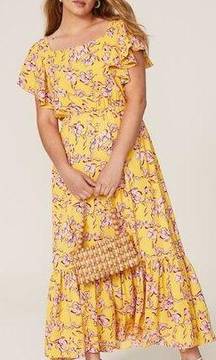 Sachin + Babi Yellow Flutter Sleeve Floral Midi Dress Bow Tie Detail Size 0 Pink