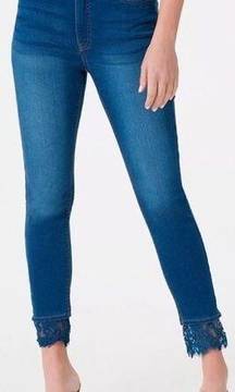 Haute Hippie Mid Rise Medium Wash Denim Jeans with Lace Hem Women’s 12