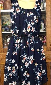 By And By Navy Floral Sleeveless Dress Pleated Neckline Elastic Waist Small