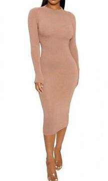 Naked Wardrobe The NW Long Sleeve Bodycon Midi Dress in Coco Size S