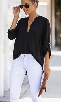 Black V Neck Casual Business Tunic Shirt