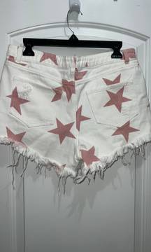 White Denim Shorts With Pink Stars