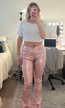 Metallic Pink Faux Leather Flared Pants
