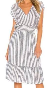 Rails Ashlyn Rio Striped Cap Sleeve Smocked Tie Neck Midi Dress Blue White XS