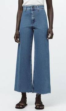 Zara High Waist Marine Straight Wide Leg Jeans Raw Hem Light Blue Wash, Size 4