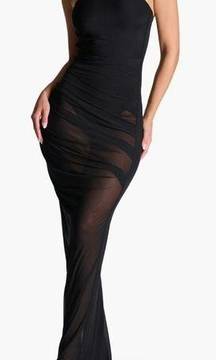 New Naked Wardrobe black Strapless Shirred ruched Sheer Mesh Body-Con Dress sz M