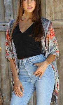 [Angie] Dove Gray Floral Print Flowy Open Front Kimono Cover-Up Boho Top Large L