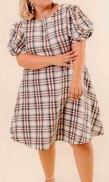 Ivy City Co Molly Plaid Flare Dress 1X Puff Sleeves Knee Length Plus Size
