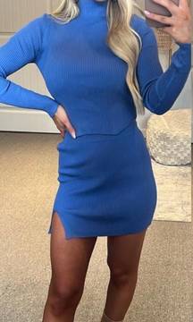 Blue Ribbed Two-Piece Skirt Set