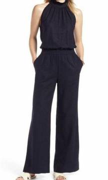 1901 Ruffle Neck Linen Blend Jumpsuit in Dark Navy Women's sz. XL