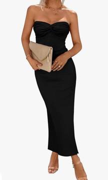 Womens Summer Bodycon Long Dresses Strapless Tube Twist Knot Front Ribbed Knit Elegant Maxi Dress With Slit