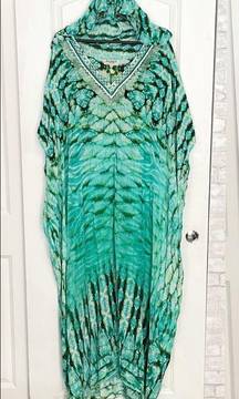 ROCOCO SAND turquoise blue embellished hooded kaftan maxi x Small One Size Fits