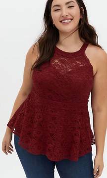 Red All Over Lace High Neck Peplum Top