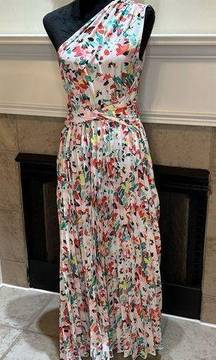 Floral Abstract One Shoulder Pleated Maxi Dress no tags size Medium