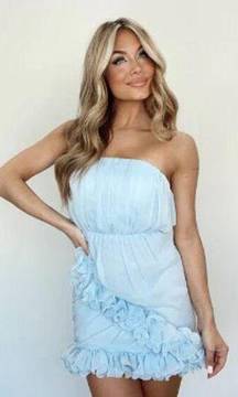 Idem Ditto Baby Blue Ruched Frilled Hem Strapless Mini Dress Sz S NEW