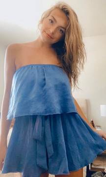 Blue Satin Strapless Romper