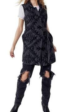 Free People Geometric Longline Wrap Belted Denim Vest Gray/Black Size XS NEW