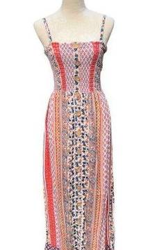 Boho Multicolored Multi Print Floral Patch Style Smocked Maxi Sundress M