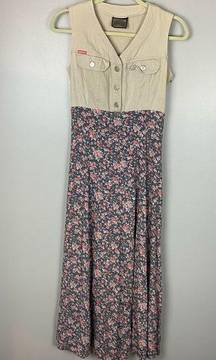 VTG Vintage Blue Dress Sleeveless Button cotton tan Top Floral skirt size small