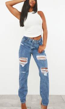 PRETTYLITTLETHING Mid Blue Ripped Mom Jeans  