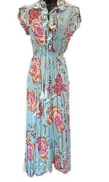 JAASE Bohemian Aqua Floral Blue Short Sleeve Midi Dress - size Small