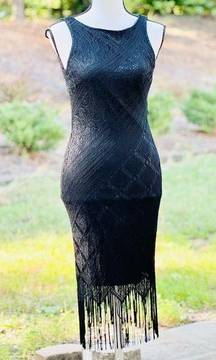 Vintage Hourglass Brand Sears Flapper Fringe black dress NEW size Small