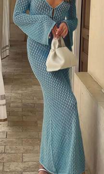 Crochet long sleeve bell sleeve blue dress 