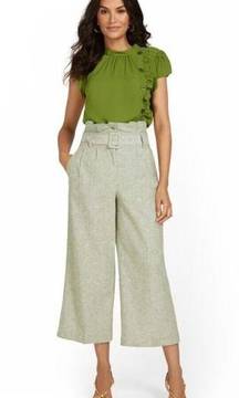 NWT NY&Co Green Paperbag Waist Wide Leg Ankle Pants Wm 16 Linen Blend Belted
