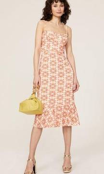 Slate & Willow Printed Ruffle Hem Cream Orange Midi Dress Formal Wedding Guest