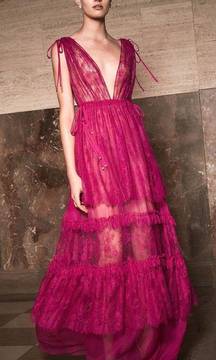 Dress Umbria Tiered Lace Tulle Silk Maxi Wedding Pink Fuchsia XS GUC