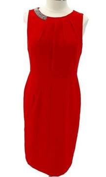 Kasper Womens 6 Sheath Midi Dress Sleeveless Tomato Red Beaded Holiday