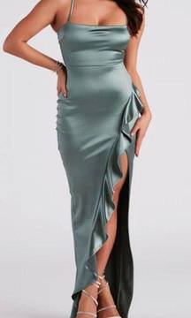 Lauren Ruffled Slit Satin Formal Dress