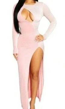 Naked Wardrobe Glow Off Long Sleeve Cut Out Dress Pink Sparkle Glitter Large