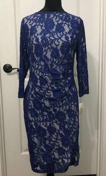 Kasper Laurissa Sheath Dress Sz Medium Royal Blue White Lace Floral Long Sleeve